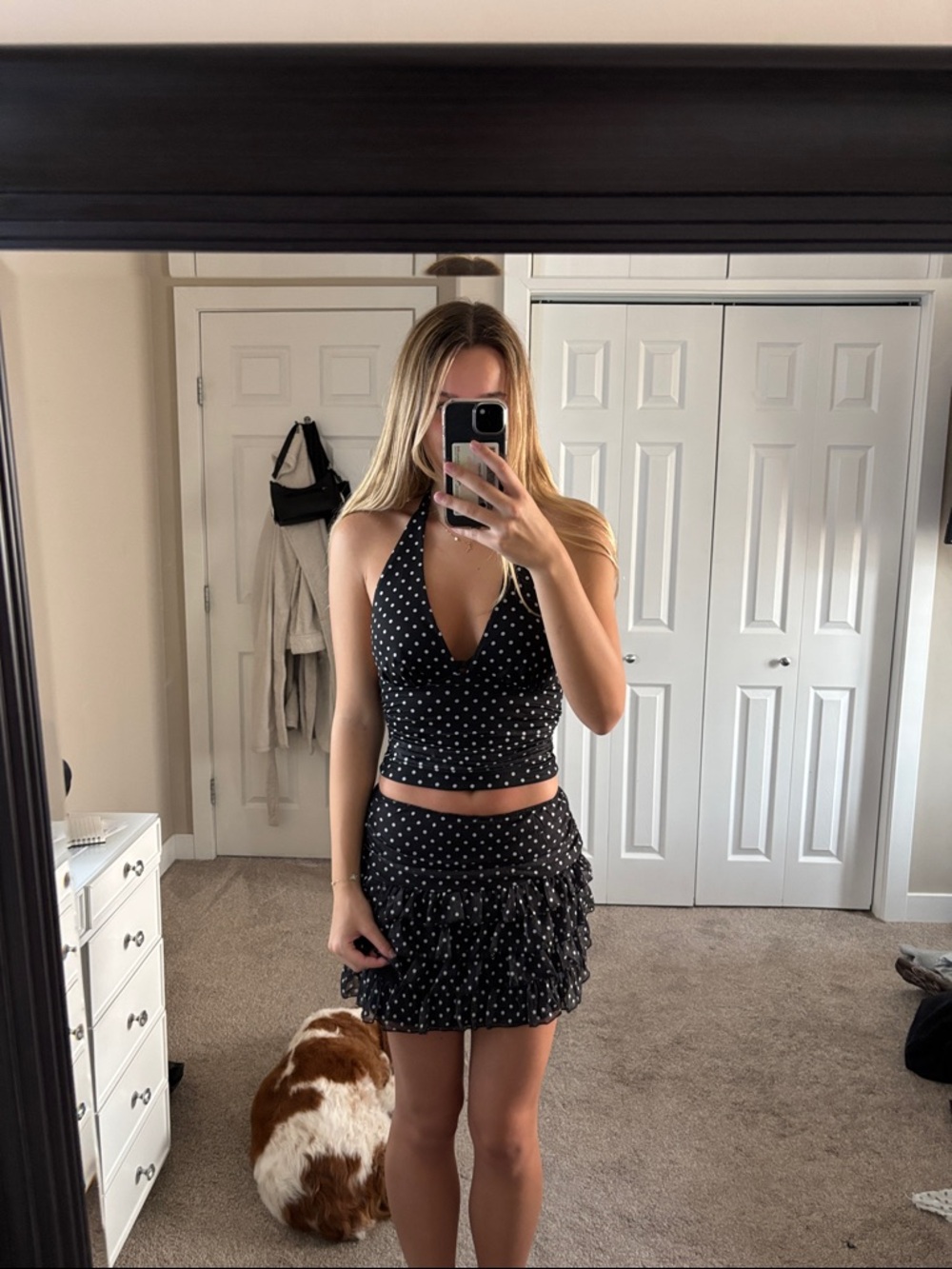 Black Polka Dot Halter Top & Ruffled Mini Skirt Set